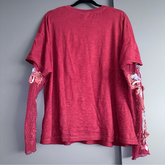 Free People Red Embroidered Long Sleeve Tee (Gardener Tee) - Picture 6 of 7